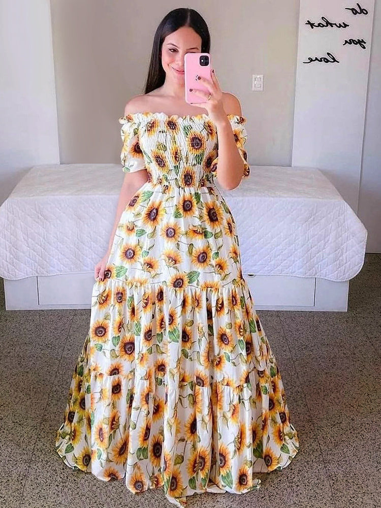 Printed Off Shoulder Smocked Maxi Dress for Women - Short Sleeves Tiered A-Line Sun Dress - Summer Beach Vacation 2026