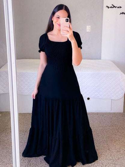 A-Line Dress Smocked Short Sleeves Tiered Ruffles Summer Maxi Dresses