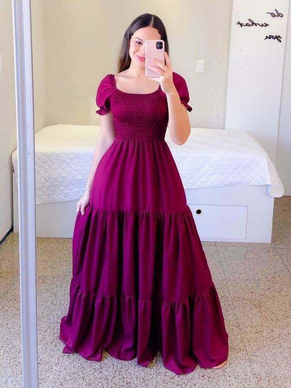 A-Line Dress Smocked Short Sleeves Tiered Ruffles Summer Maxi Dresses