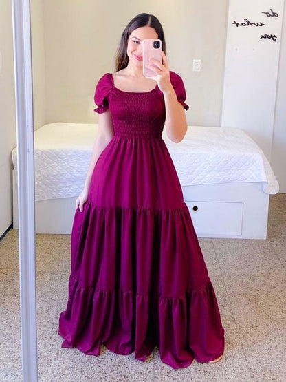 A-Line Dress Smocked Short Sleeves Tiered Ruffles Summer Maxi Dresses