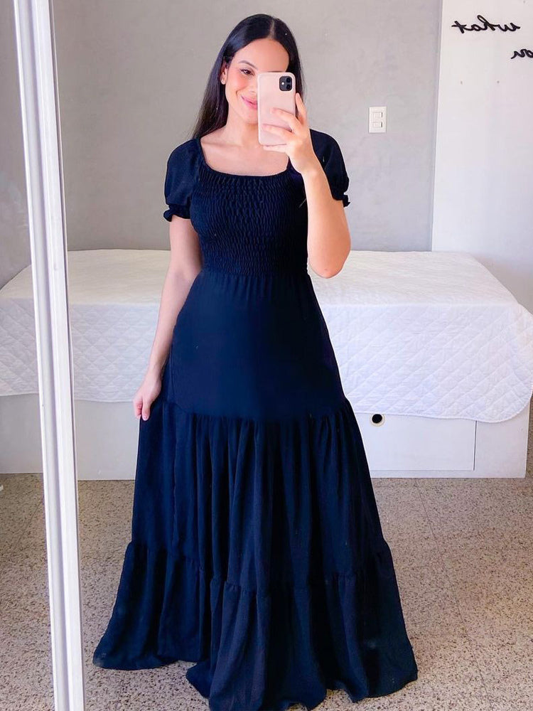 A-Line Dress Smocked Short Sleeves Tiered Ruffles Summer Maxi Dresses