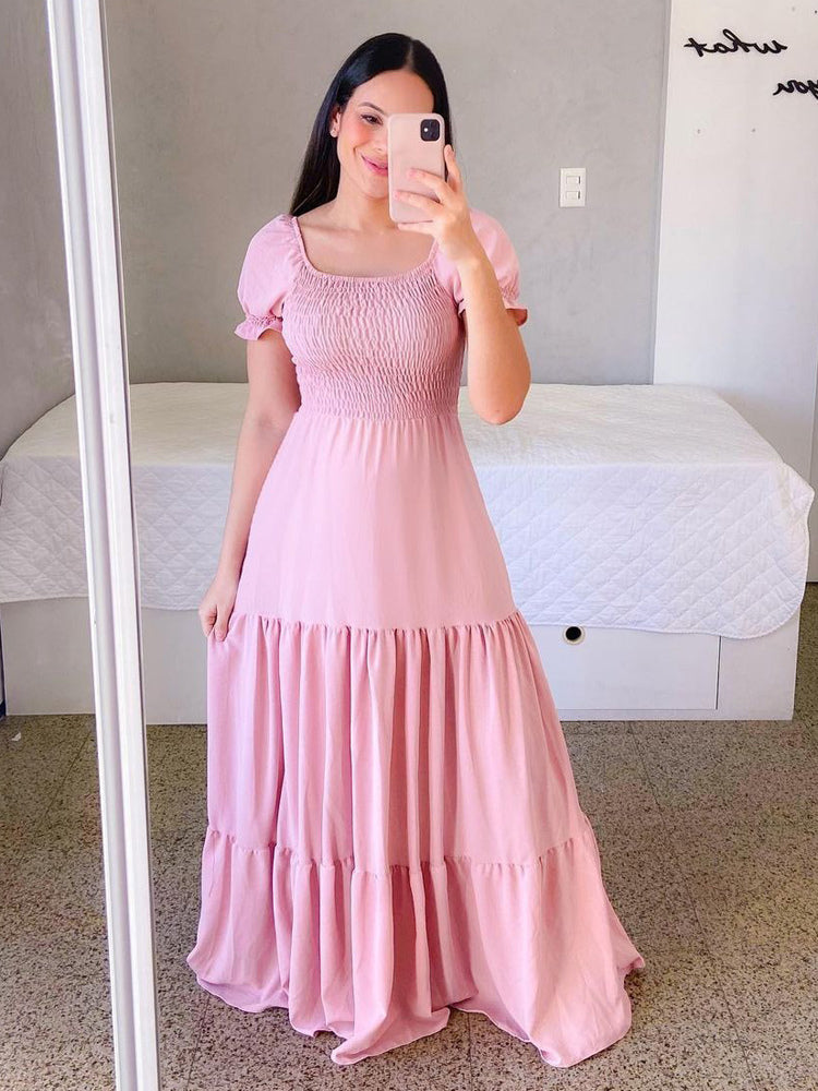 A-Line Dress Smocked Short Sleeves Tiered Ruffles Summer Maxi Dresses