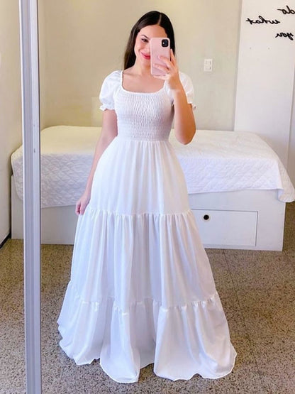 A-Line Dress Smocked Short Sleeves Tiered Ruffles Summer Maxi Dresses