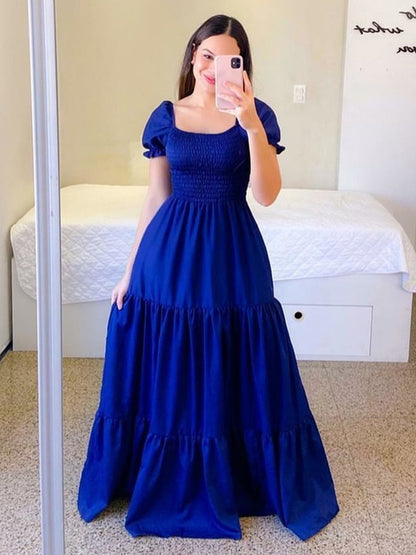 A-Line Dress Smocked Short Sleeves Tiered Ruffles Summer Maxi Dresses
