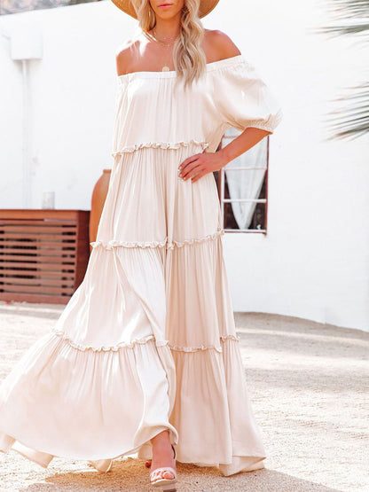 Boho Off Shoulder Tiered Maxi Dress for Women - Cream Puff Sleeve Flowy Long Gown - Summer Beach Resort 2026