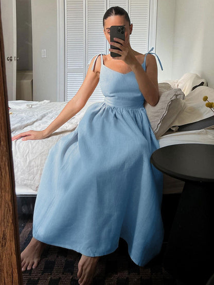 100% Cotton Backless Maxi Slip Dress for Women - Boho Tie Shoulder V Neck A-Line Sun Dress - Summer Beach Holiday 2026