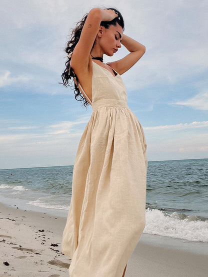 100% Cotton Backless Maxi Slip Dress for Women - Boho Tie Shoulder V Neck A-Line Sun Dress - Summer Beach Holiday 2026