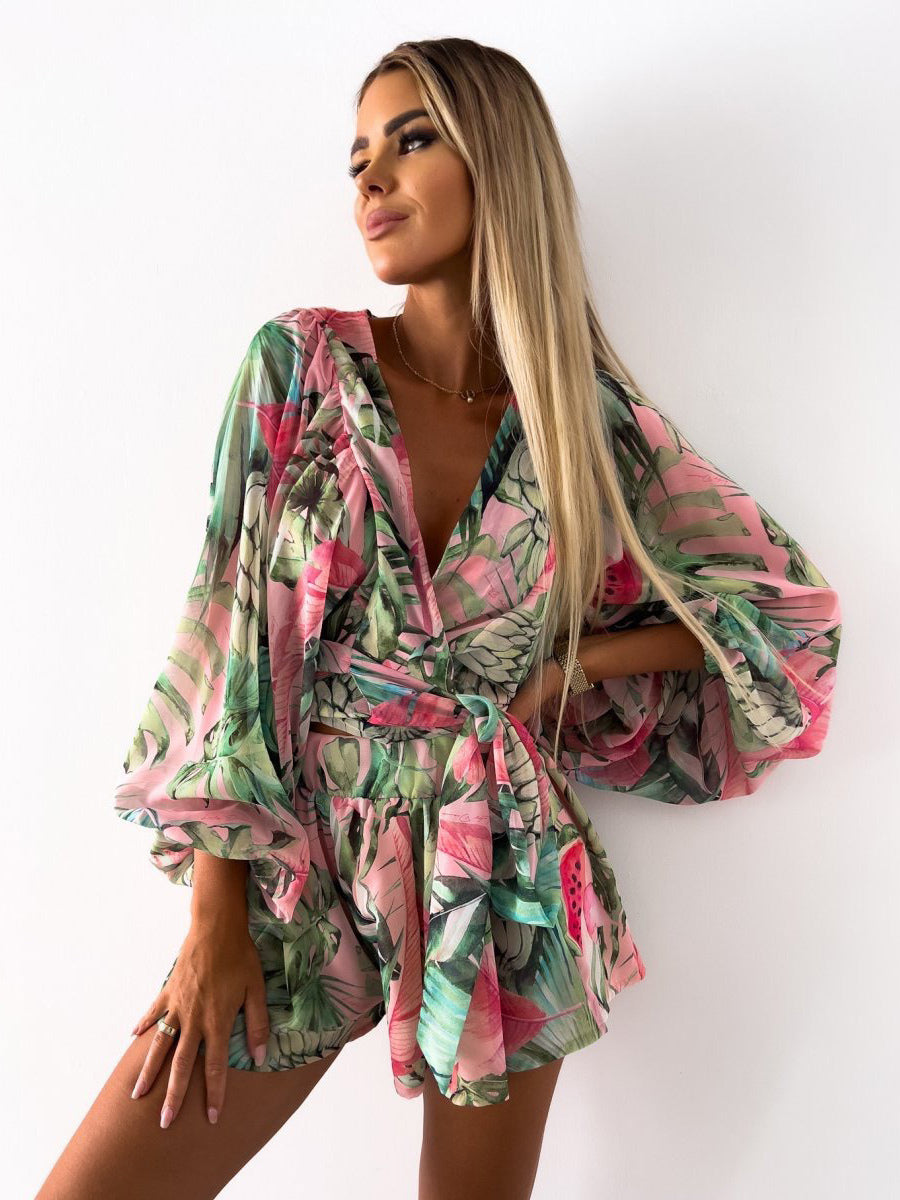 Loose Romper Printed V-Neck Lantern Sleeves Belted Casual Resort Jumpsuit