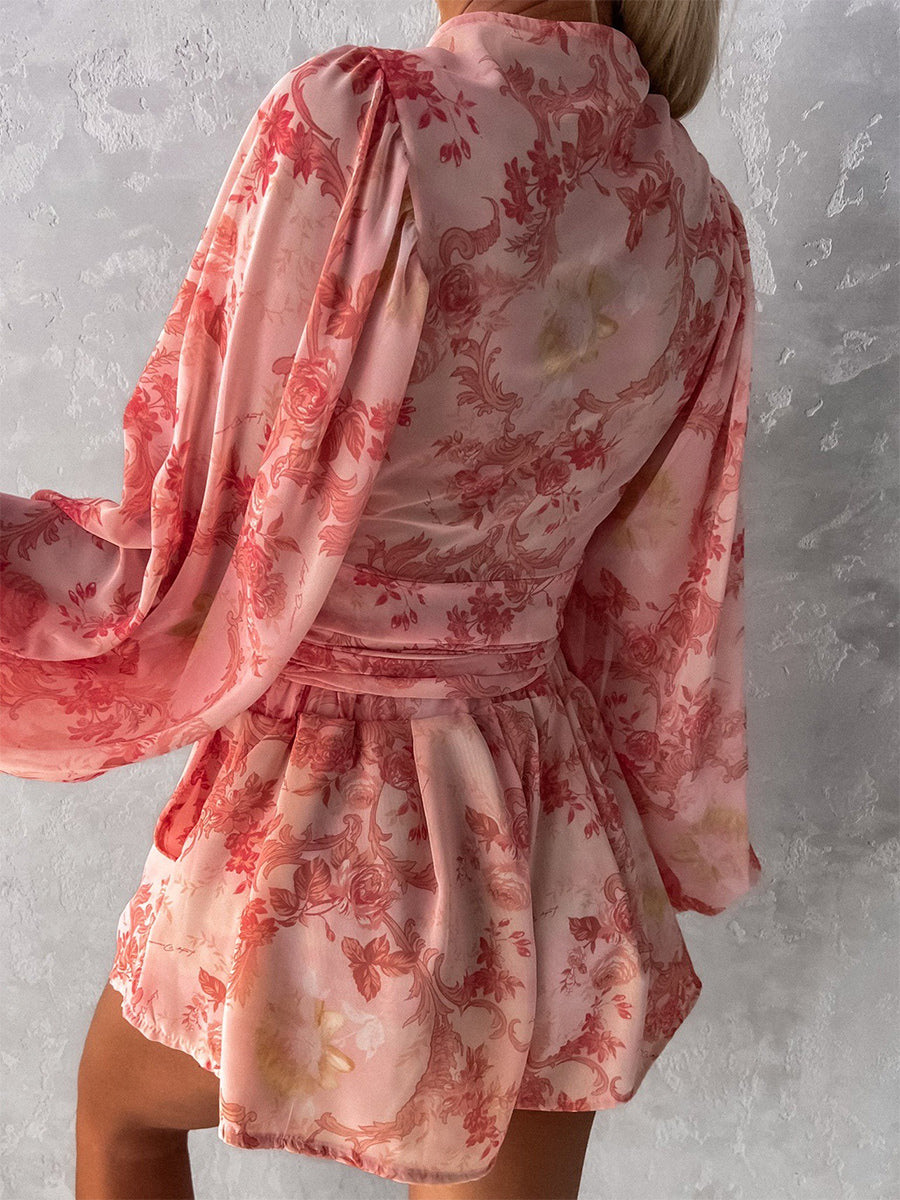 Loose Romper Printed V-Neck Lantern Sleeves Belted Casual Resort Jumpsuit