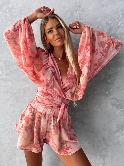 Loose Romper Printed V-Neck Lantern Sleeves Belted Casual Resort Jumpsuit