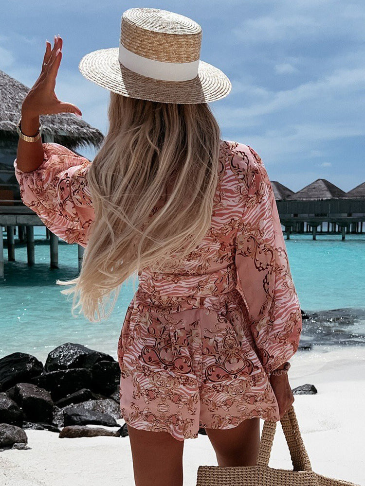 Loose Romper Printed V-Neck Lantern Sleeves Belted Casual Resort Jumpsuit