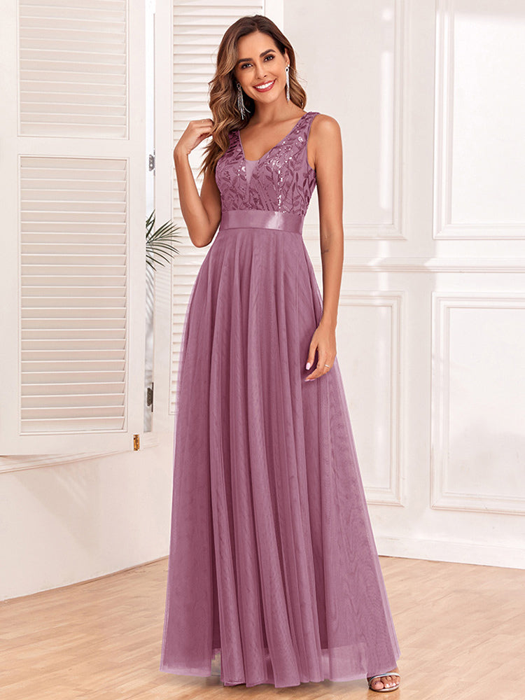Sequins Dress Sleeveless Empire Waist A-line Elegant Prom Maxi Dresses