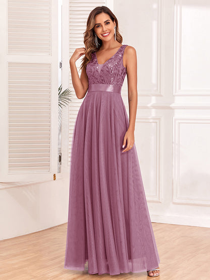 Sequins Dress Sleeveless Empire Waist A-line Elegant Prom Maxi Dresses