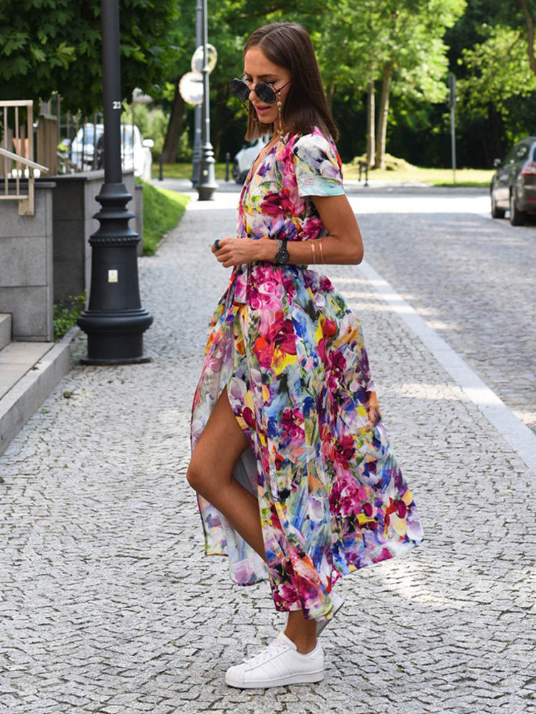 Printed Wrap Dress V-Neck Short Sleeves Belted Casual Summer Midi Dresses