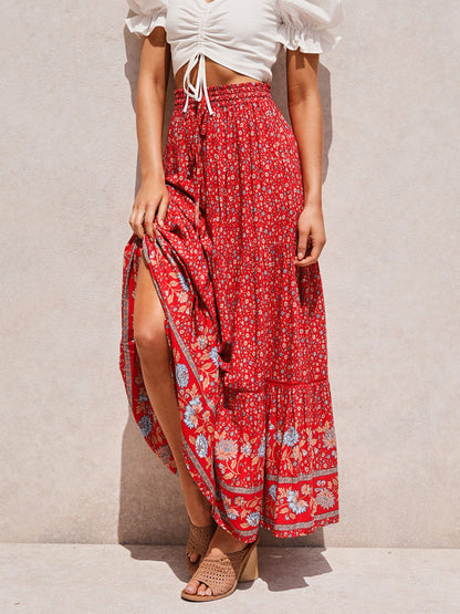 Red Full Skirt Printed High Waist Lace Up Boho Casual Summer Long Dresses
