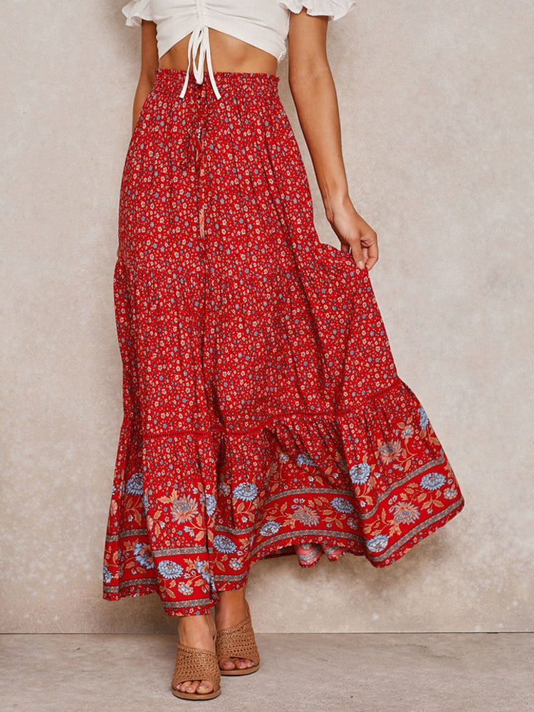 Red Full Skirt Printed High Waist Lace Up Boho Casual Summer Long Dresses