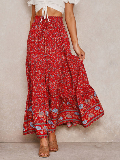Red Full Skirt Printed High Waist Lace Up Boho Casual Summer Long Dresses