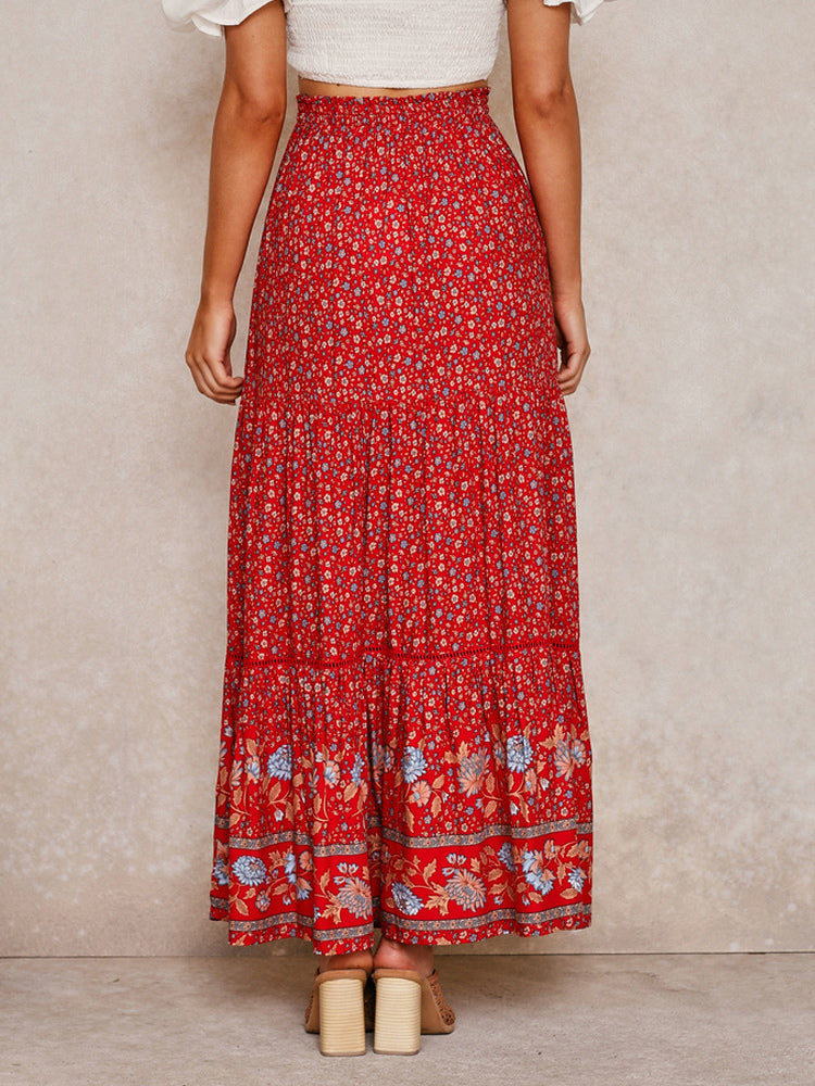 Red Full Skirt Printed High Waist Lace Up Boho Casual Summer Long Dresses