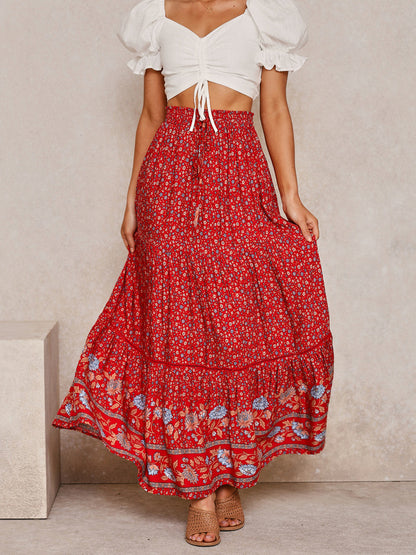 Red Full Skirt Printed High Waist Lace Up Boho Casual Summer Long Dresses