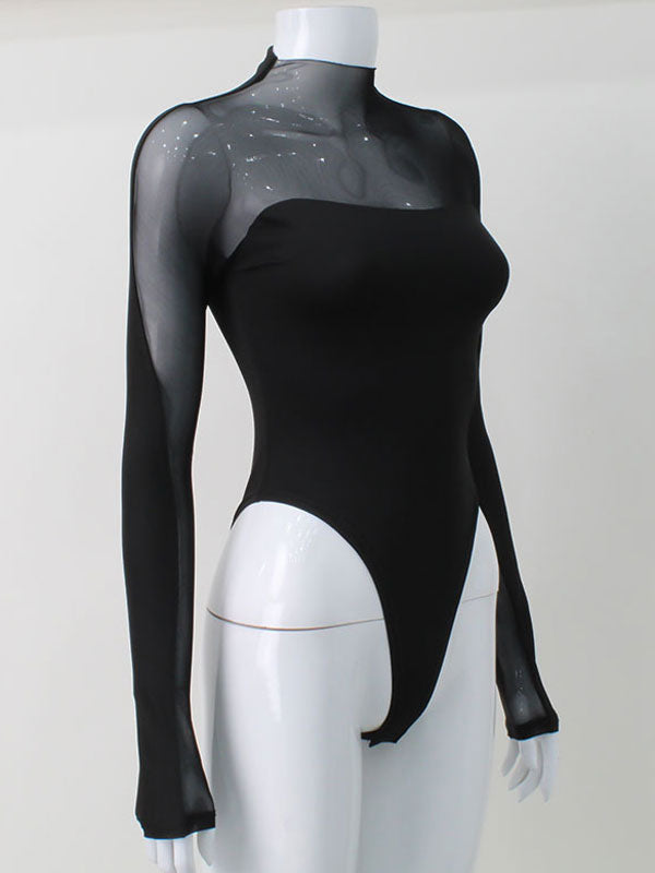 Black Bodysuit Illusion Neck Long Sleeves High Collar 1 Piece Outfit