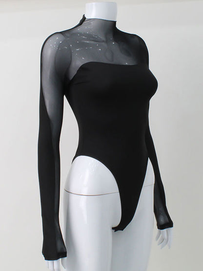 Black Bodysuit Illusion Neck Long Sleeves High Collar 1 Piece Outfit