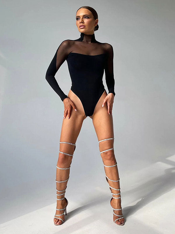Black Bodysuit Illusion Neck Long Sleeves High Collar 1 Piece Outfit
