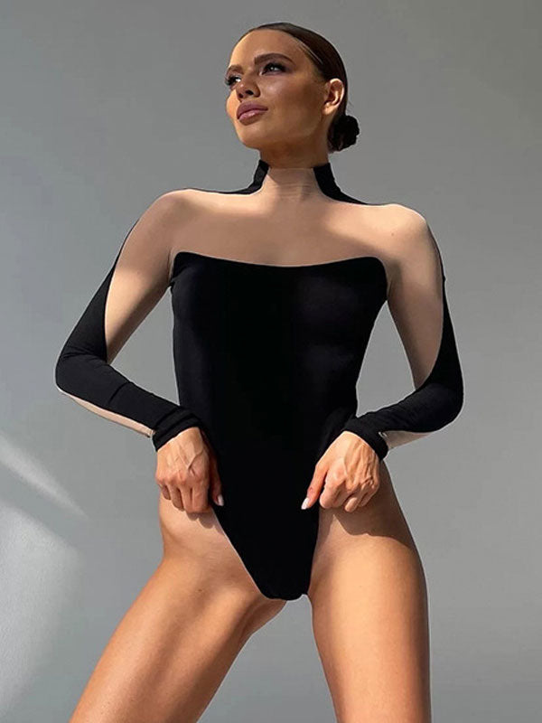 Black Bodysuit Illusion Neck Long Sleeves High Collar 1 Piece Outfit