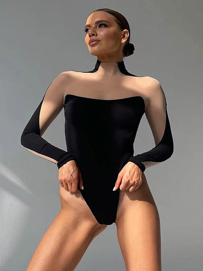 Black Bodysuit Illusion Neck Long Sleeves High Collar 1 Piece Outfit