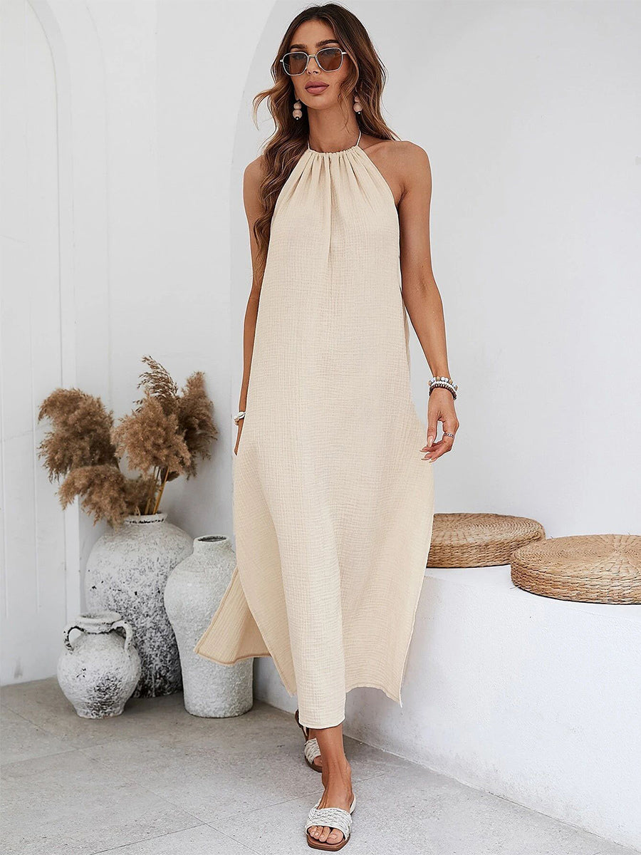 Halter Backless Maxi Dress for Women - Apricot Boho Side Slit Tassel Tie Loose Fit Cotton Sundress - Summer Beach Resort 2026
