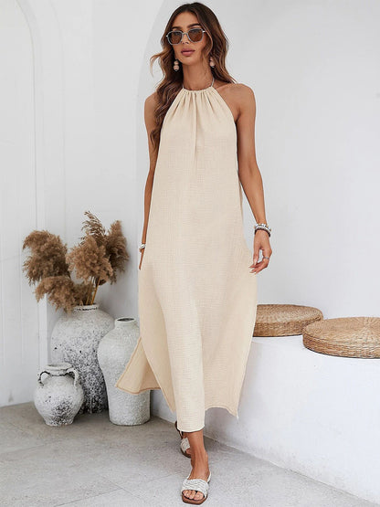 Halter Backless Maxi Dress for Women - Apricot Boho Side Slit Tassel Tie Loose Fit Cotton Sundress - Summer Beach Resort 2026