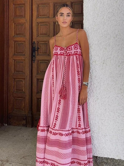 Pink Geometric Print Cami Maxi Dress for Women - Boho Tiered Spaghetti Strap with Tassel - Summer Beach Resort 2026