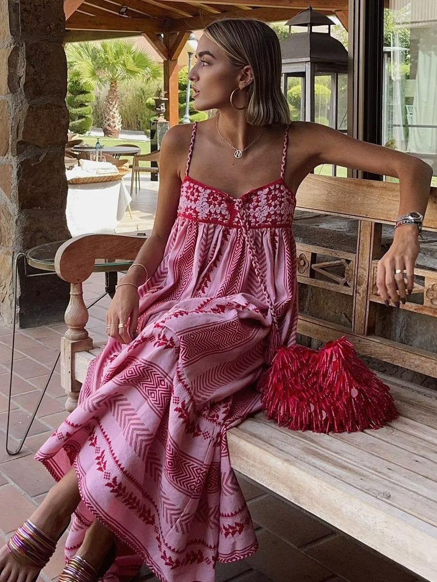 Pink Geometric Print Cami Maxi Dress for Women - Boho Tiered Spaghetti Strap with Tassel - Summer Beach Resort 2026
