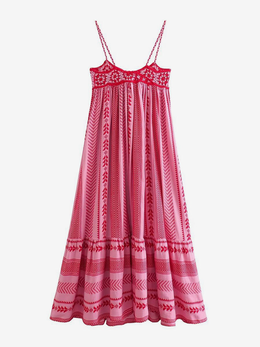 Pink Geometric Print Cami Maxi Dress for Women - Boho Tiered Spaghetti Strap with Tassel - Summer Beach Resort 2026