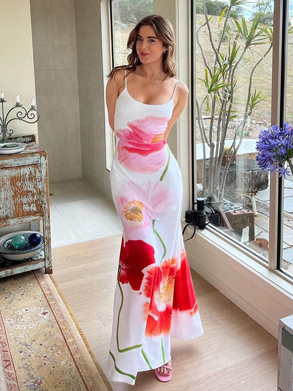 Floral Print Bodycon Maxi Slip Dress for Women - Spaghetti Strap Slim Fit Mermaid Sundress - Summer Beach Resort 2026