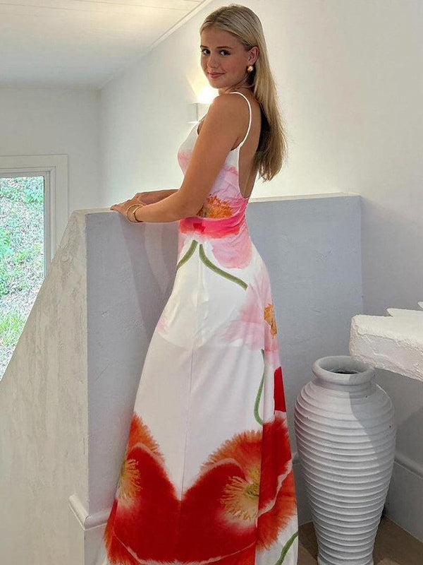 Floral Print Bodycon Maxi Slip Dress for Women - Spaghetti Strap Slim Fit Mermaid Sundress - Summer Beach Resort 2026