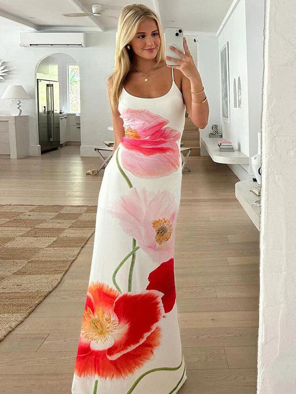 Floral Print Bodycon Maxi Slip Dress for Women - Spaghetti Strap Slim Fit Mermaid Sundress - Summer Beach Resort 2026