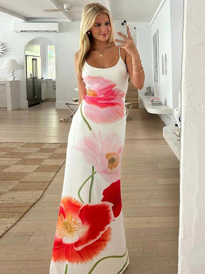 Floral Print Bodycon Maxi Slip Dress for Women - Spaghetti Strap Slim Fit Mermaid Sundress - Summer Beach Resort 2026