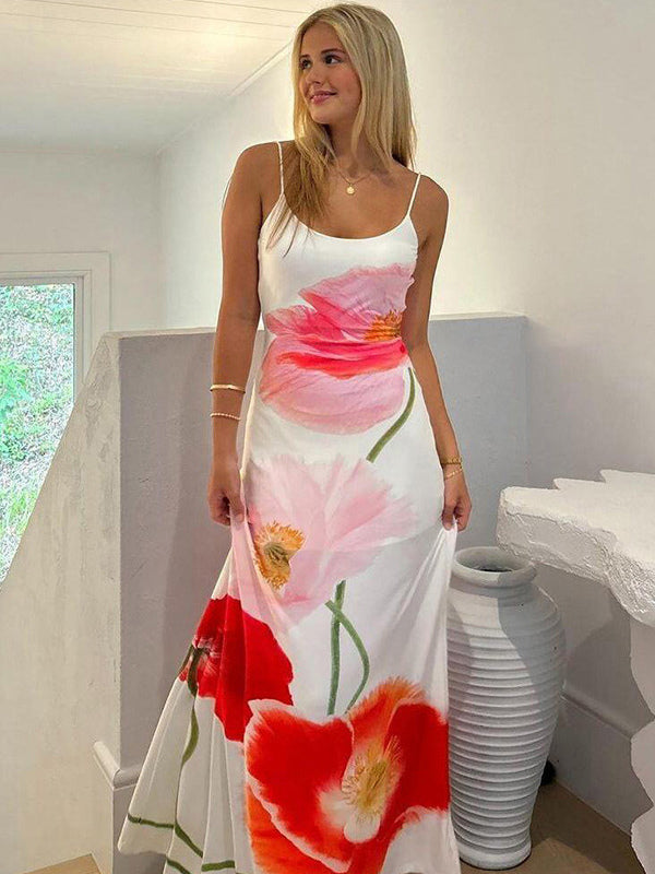 Floral Print Bodycon Maxi Slip Dress for Women - Spaghetti Strap Slim Fit Mermaid Sundress - Summer Beach Resort 2026