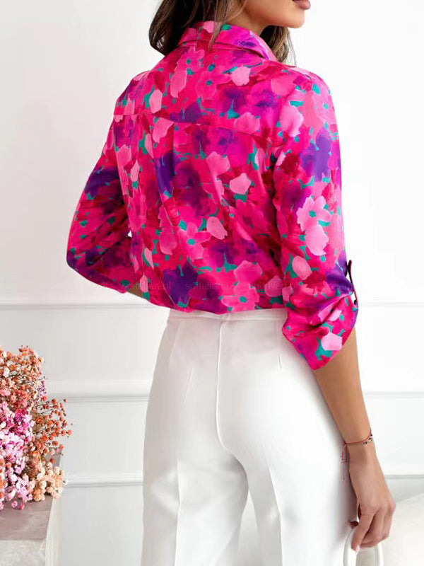 Shirt For Women Blue Floral Print Turndown Collar Chic Long Sleeves Polyester Tops