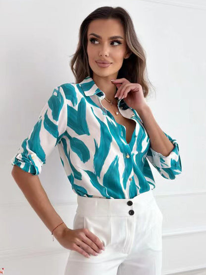 Shirt For Women Blue Floral Print Turndown Collar Chic Long Sleeves Polyester Tops