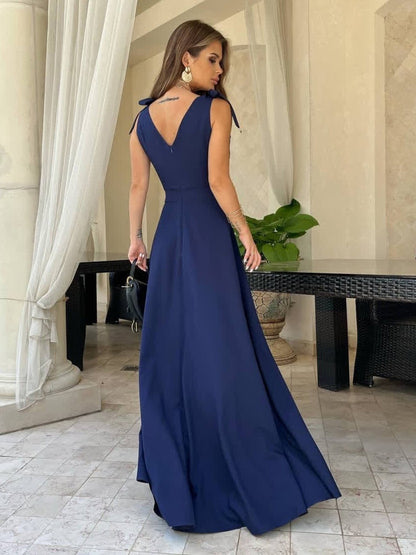 Party Dresses Black V-Neck Lace Up Sleeveless High-slit Semi Formal Dress
