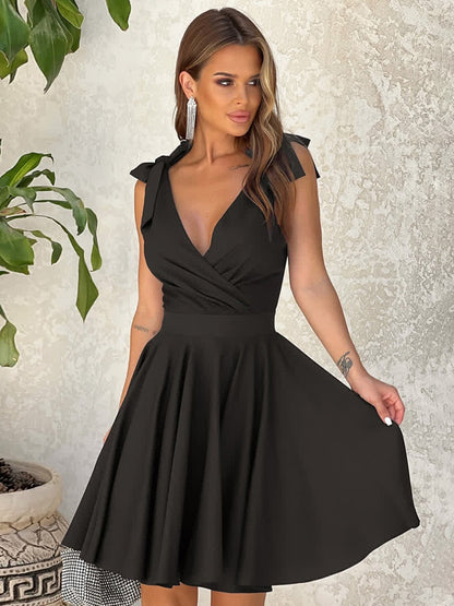 Summer Dress Mini Dresses Rose V-Neck Lace Up Polyester Beach Dress
