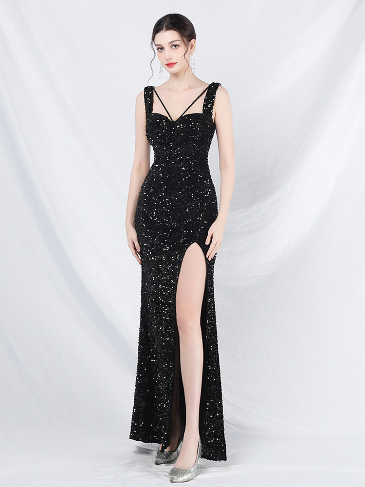 Sequined Dress Designed Neckline Backless High Slit Elegant Long Dress