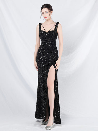 Sequined Dress Designed Neckline Backless High Slit Elegant Long Dress