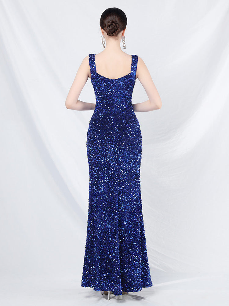 Sequined Dress Designed Neckline Backless High Slit Elegant Long Dress
