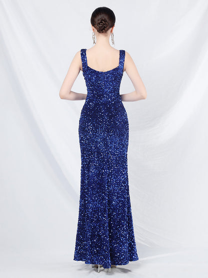 Sequined Dress Designed Neckline Backless High Slit Elegant Long Dress