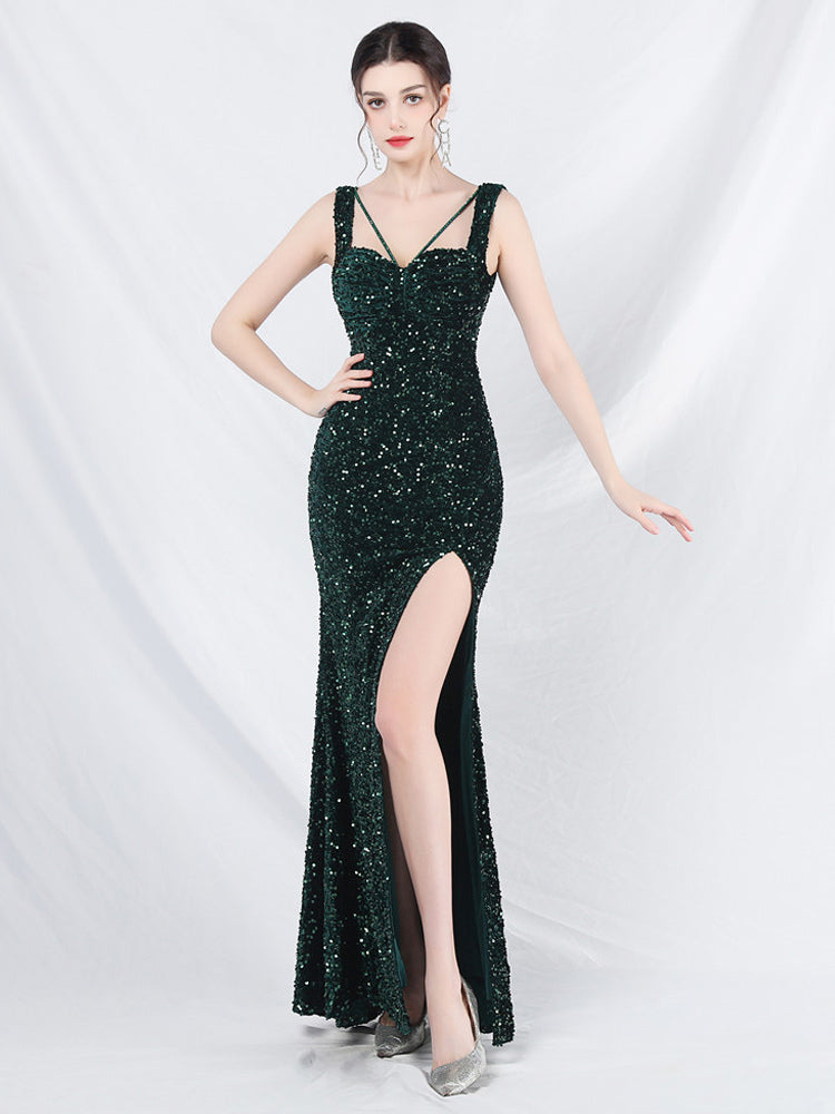 Sequined Dress Designed Neckline Backless High Slit Elegant Long Dress