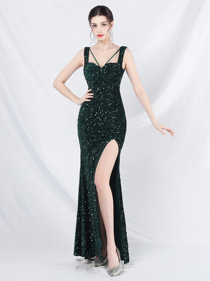 Sequined Dress Designed Neckline Backless High Slit Elegant Long Dress