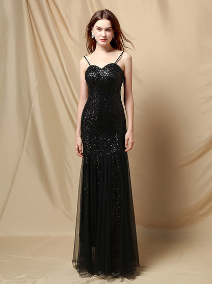 Party Dress Spaghetti Straps Tulle Sequins Elegant Long Mermaid Dress In Burgundy