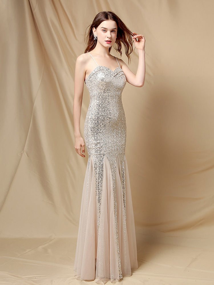Party Dress Spaghetti Straps Tulle Sequins Elegant Long Mermaid Dress In Burgundy